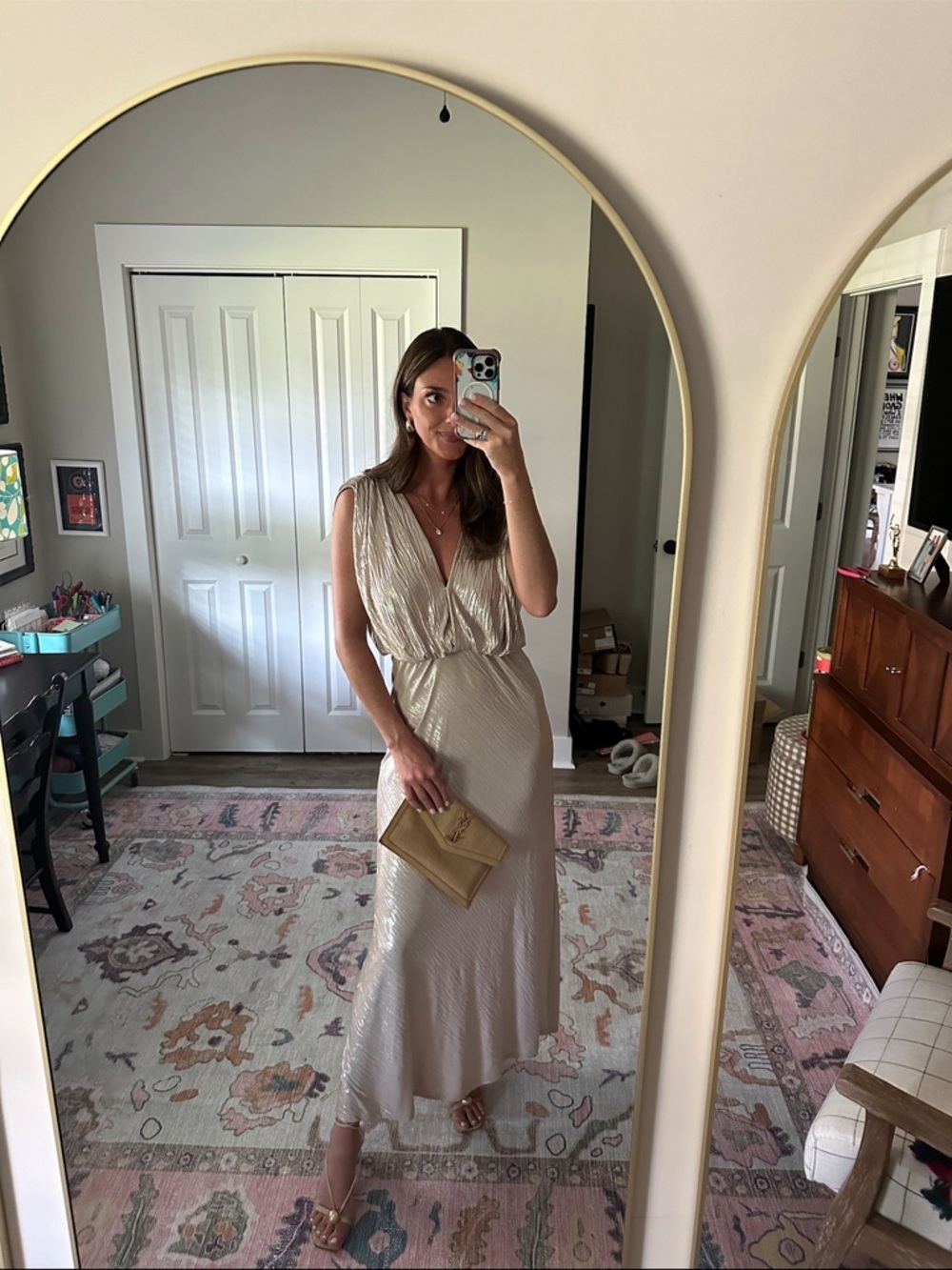 Elegant Metallic Ivory Maxi Dress - Sleeveless V-Neck